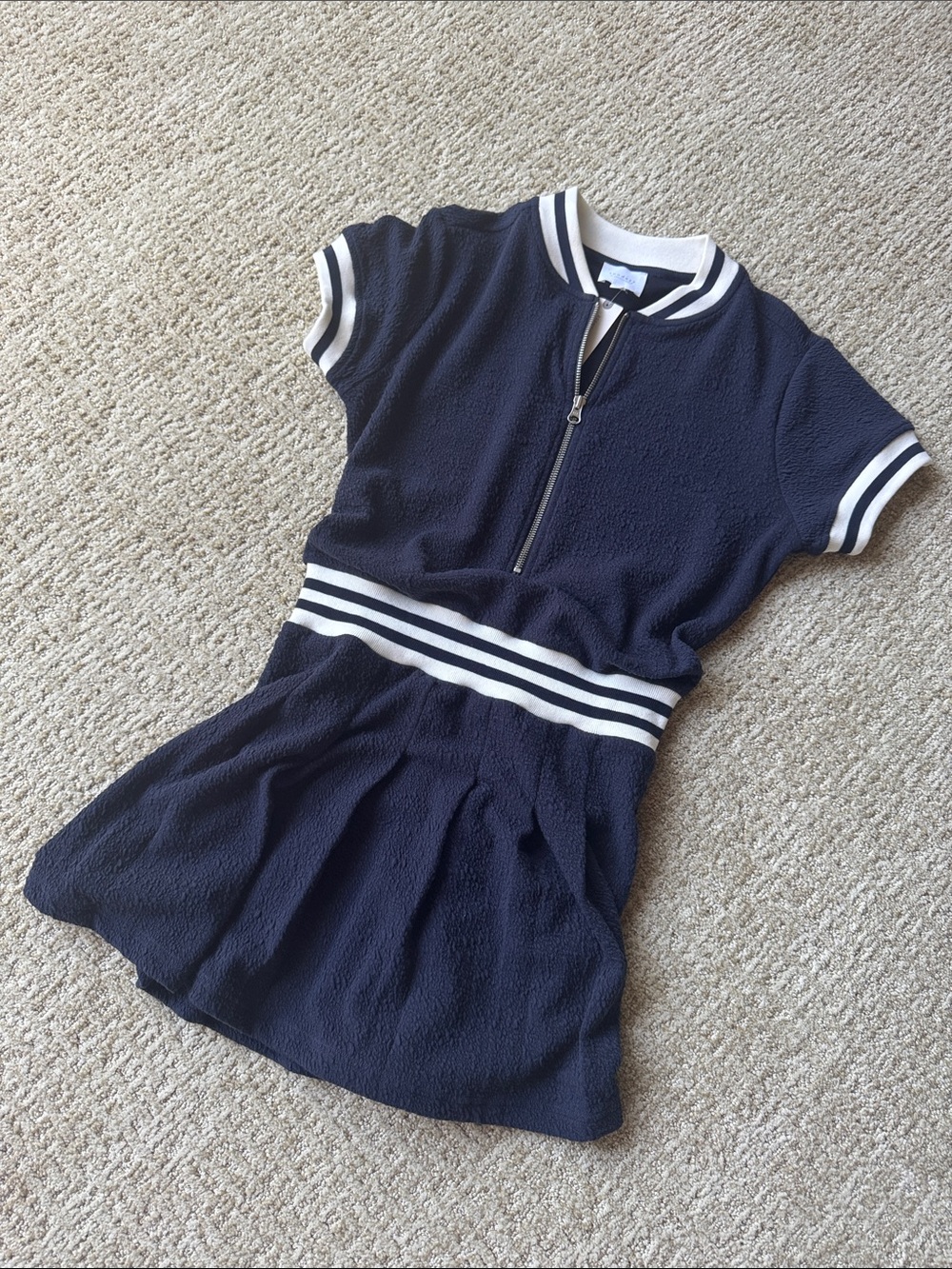 Navy dress with white trim